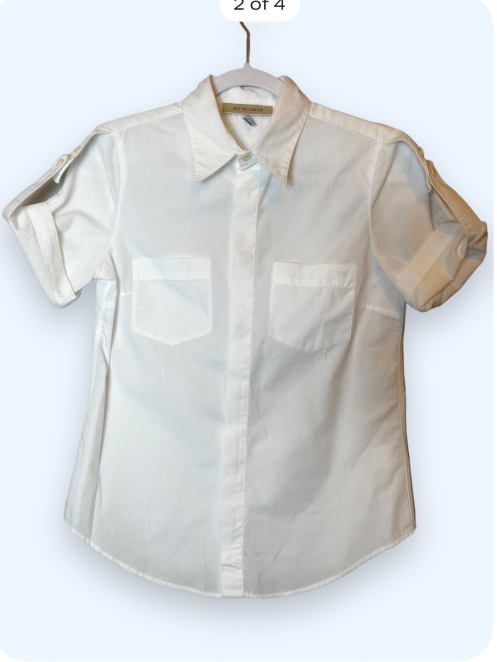 See by Chloe White Button Down Short Sleeve Utility Shirt w/ Adjustable Cuffs 4